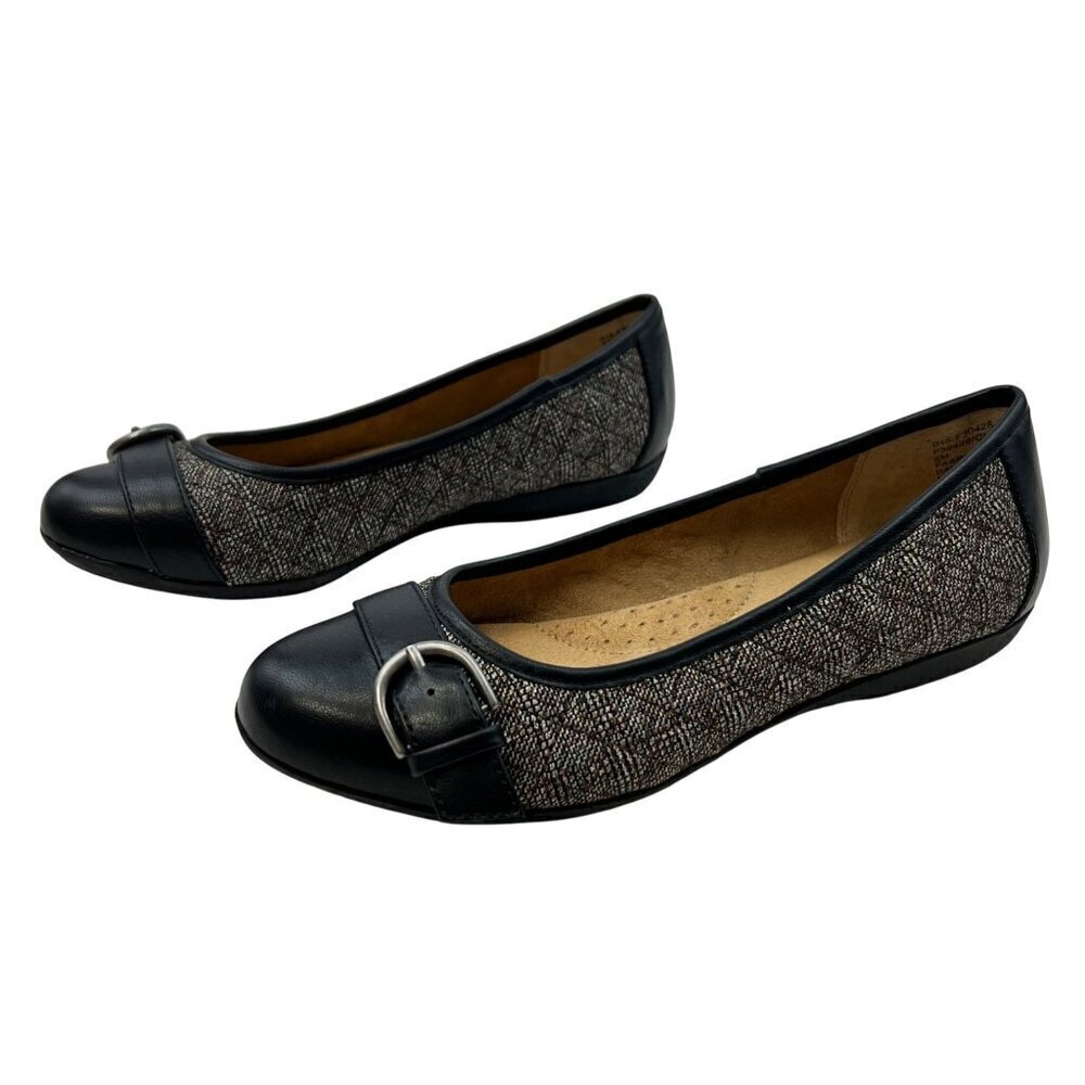 Solanz Women’s Slip On Flats Buckle Accent Black/Multi Size 6M